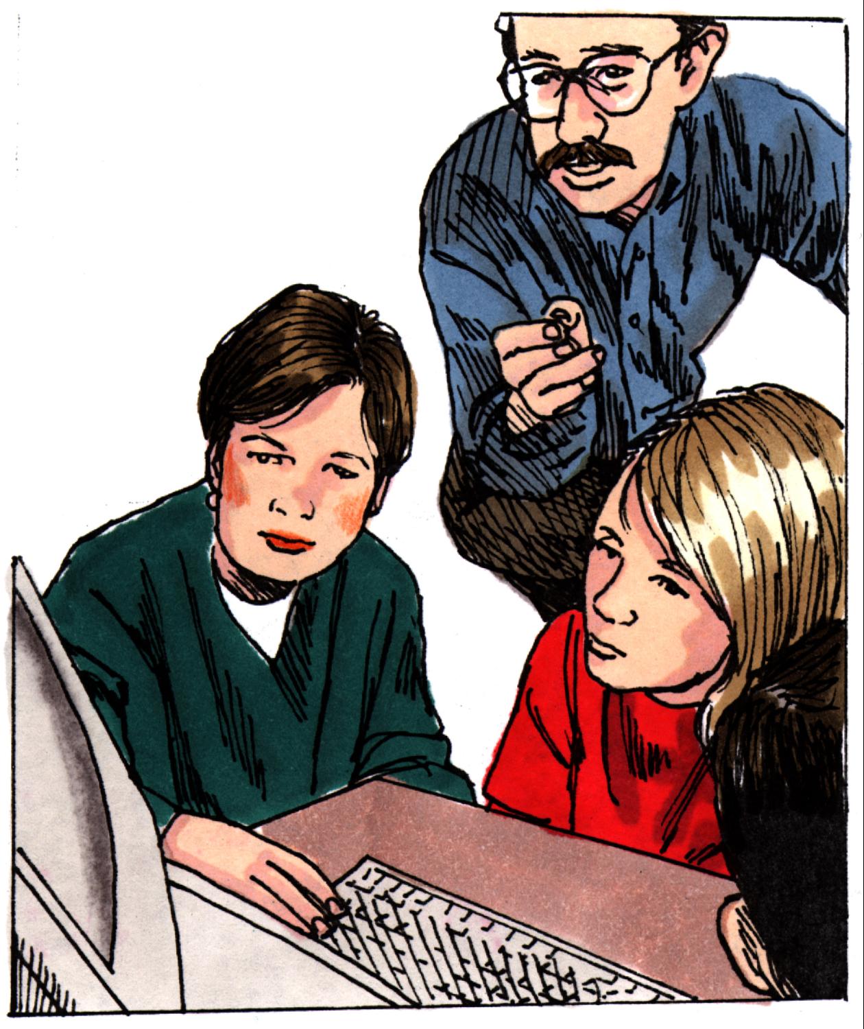 Workers collaborating on a project, in front of computer monitor